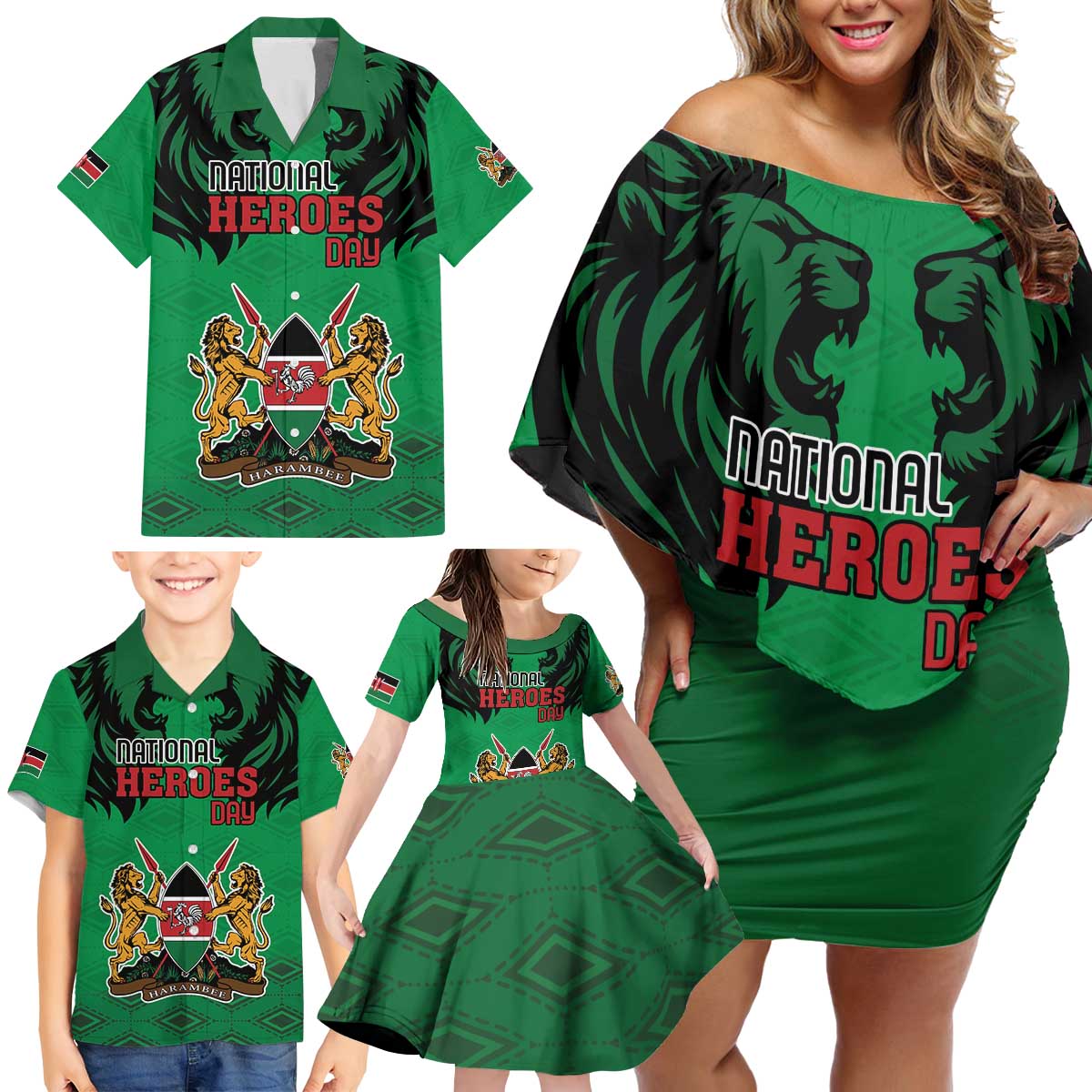Kenya National Heroes Day Family Matching Off Shoulder Short Dress and Hawaiian Shirt Mashujaa With Lion Head And Coat Of Arms - Wonder Print Shop