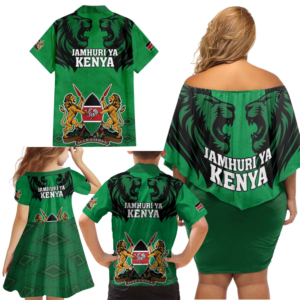 Kenya National Heroes Day Family Matching Off Shoulder Short Dress and Hawaiian Shirt Mashujaa With Lion Head And Coat Of Arms - Wonder Print Shop