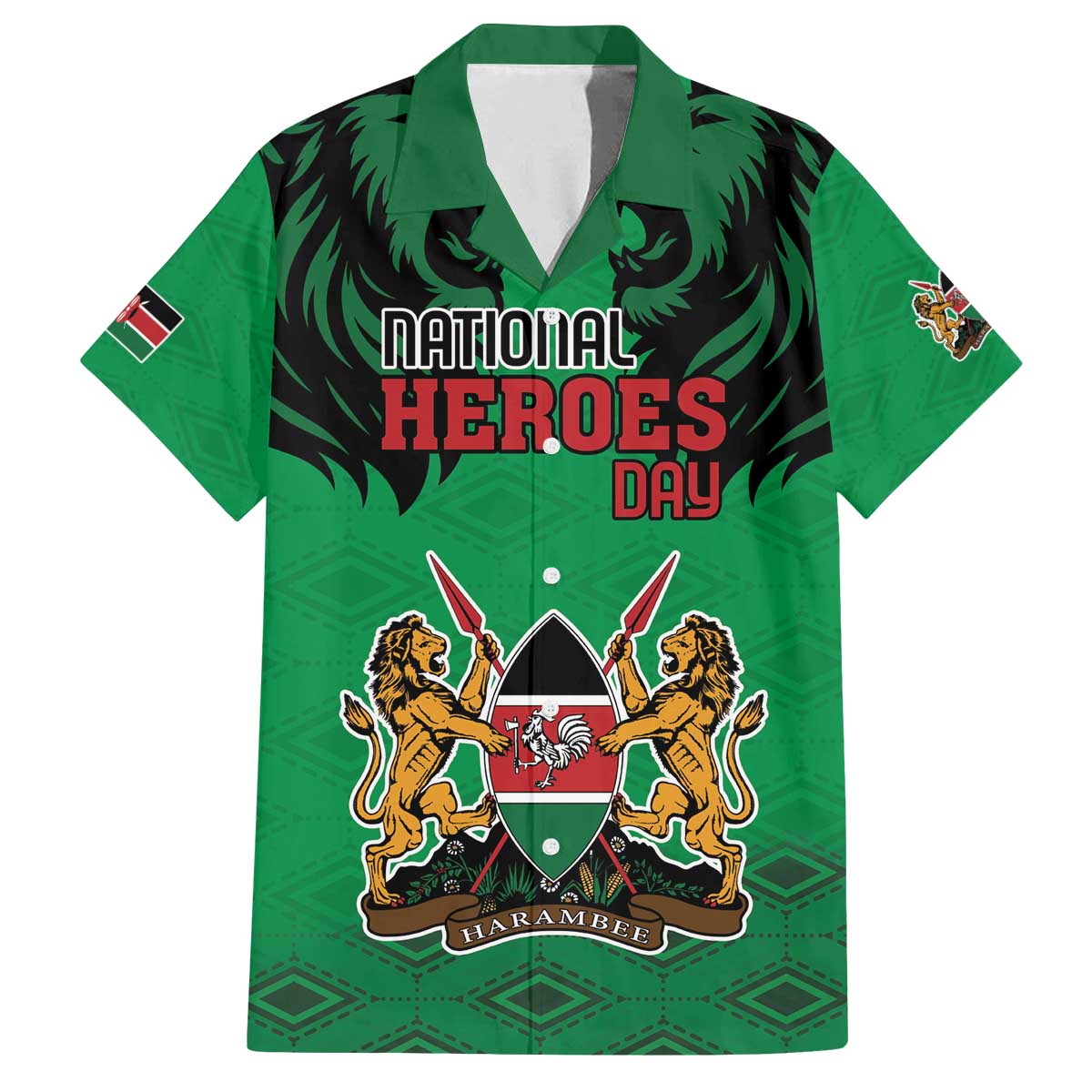 Kenya National Heroes Day Family Matching Off Shoulder Short Dress and Hawaiian Shirt Mashujaa With Lion Head And Coat Of Arms - Wonder Print Shop