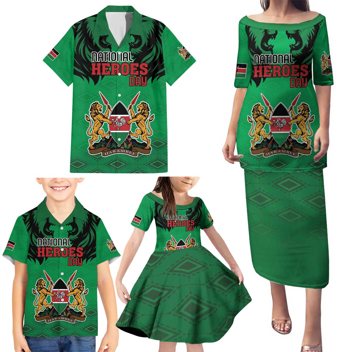 Kenya National Heroes Day Family Matching Puletasi and Hawaiian Shirt Mashujaa With Lion Head And Coat Of Arms - Wonder Print Shop