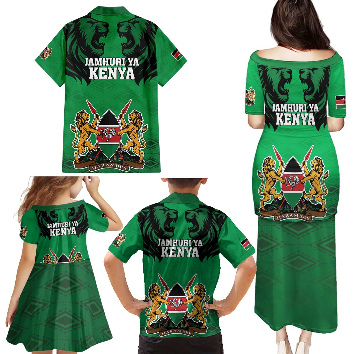 Kenya National Heroes Day Family Matching Puletasi and Hawaiian Shirt Mashujaa With Lion Head And Coat Of Arms - Wonder Print Shop