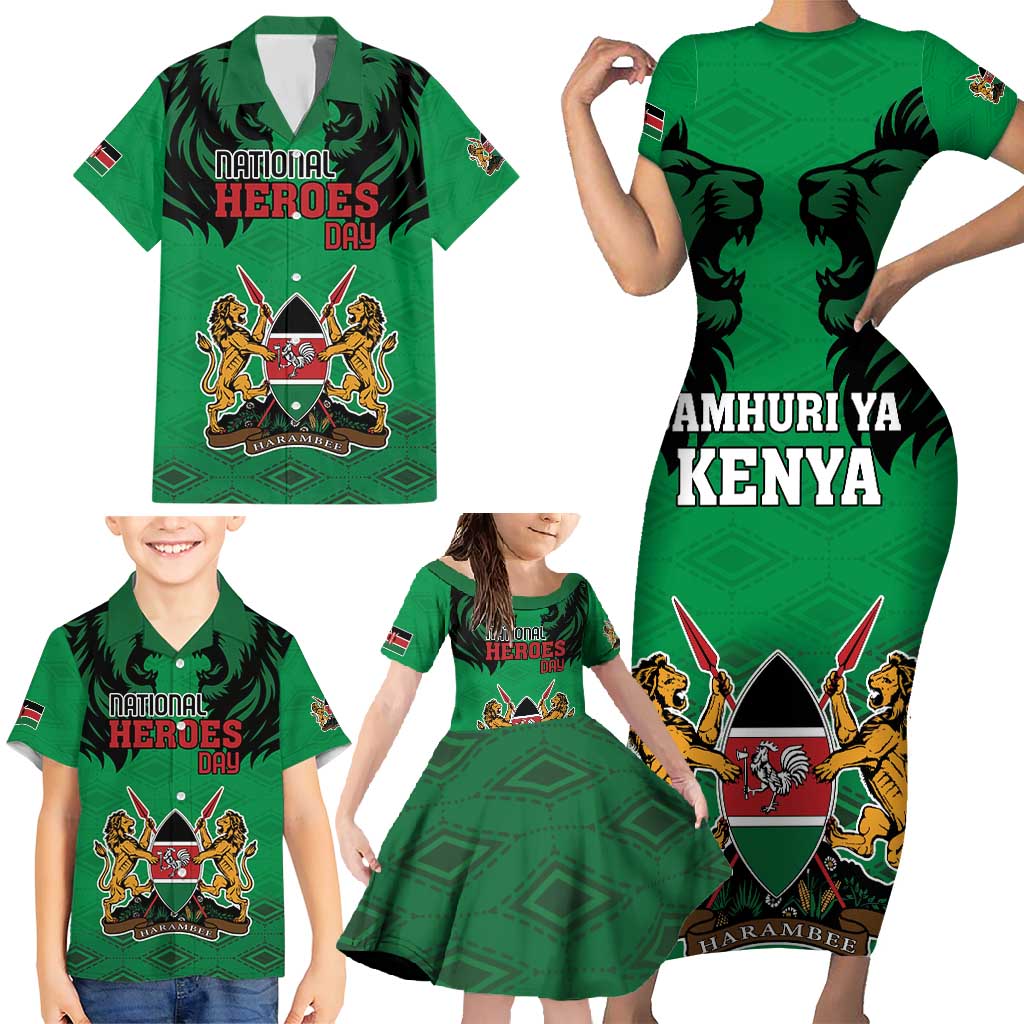 Kenya National Heroes Day Family Matching Short Sleeve Bodycon Dress and Hawaiian Shirt Mashujaa With Lion Head And Coat Of Arms - Wonder Print Shop