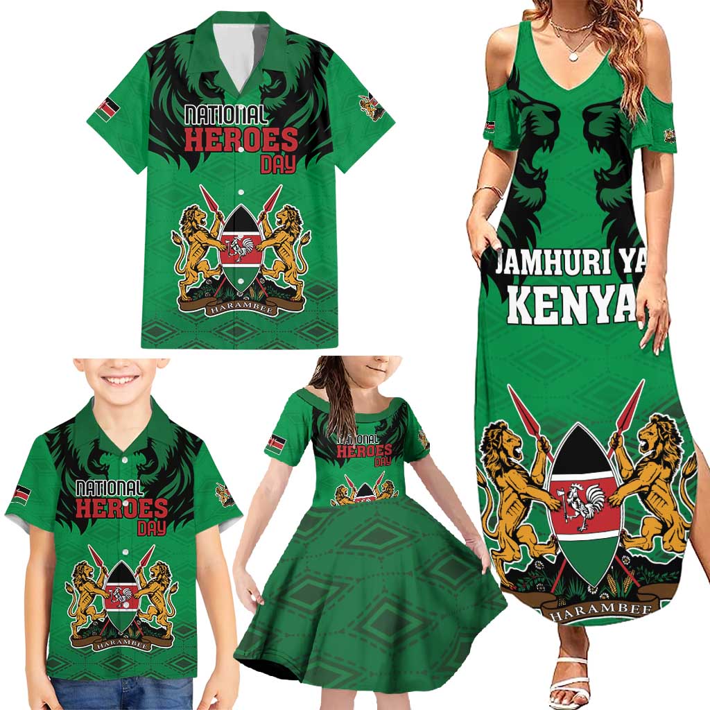 Kenya National Heroes Day Family Matching Summer Maxi Dress and Hawaiian Shirt Mashujaa With Lion Head And Coat Of Arms - Wonder Print Shop