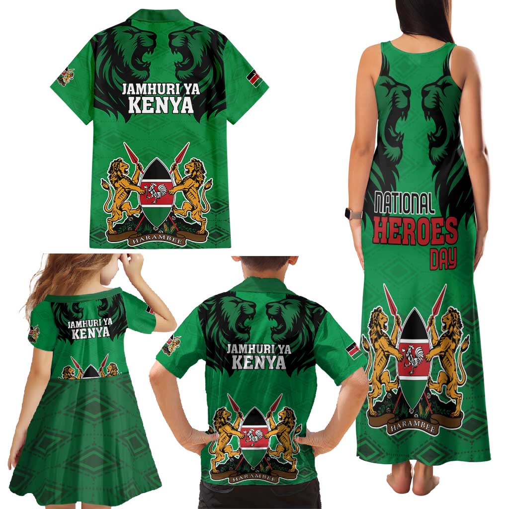 Kenya National Heroes Day Family Matching Tank Maxi Dress and Hawaiian Shirt Mashujaa With Lion Head And Coat Of Arms - Wonder Print Shop