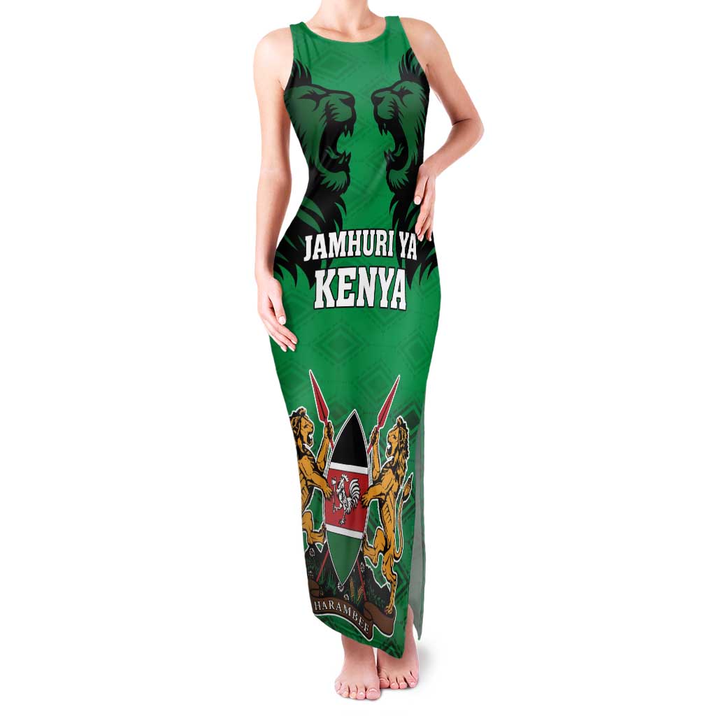 Kenya National Heroes Day Family Matching Tank Maxi Dress and Hawaiian Shirt Mashujaa With Lion Head And Coat Of Arms - Wonder Print Shop
