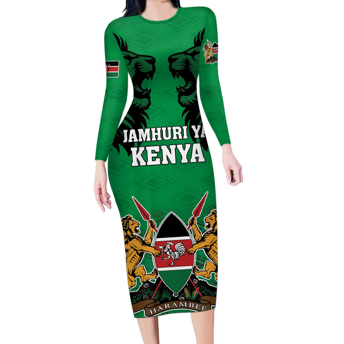 Kenya National Heroes Day Long Sleeve Bodycon Dress Mashujaa With Lion Head And Coat Of Arms - Wonder Print Shop