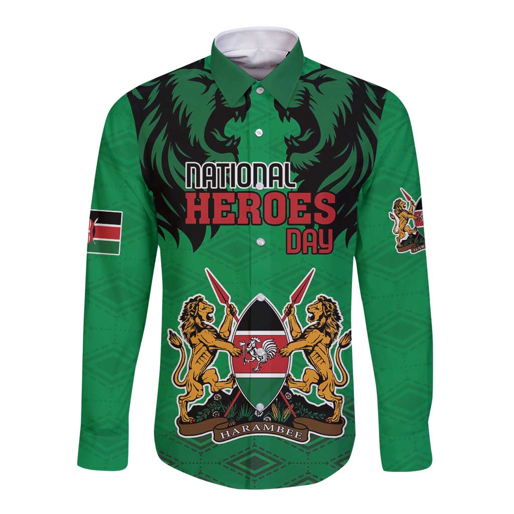 Kenya National Heroes Day Long Sleeve Button Shirt Mashujaa With Lion Head And Coat Of Arms - Wonder Print Shop