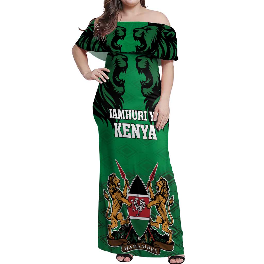 Kenya National Heroes Day Off Shoulder Maxi Dress Mashujaa With Lion Head And Coat Of Arms - Wonder Print Shop