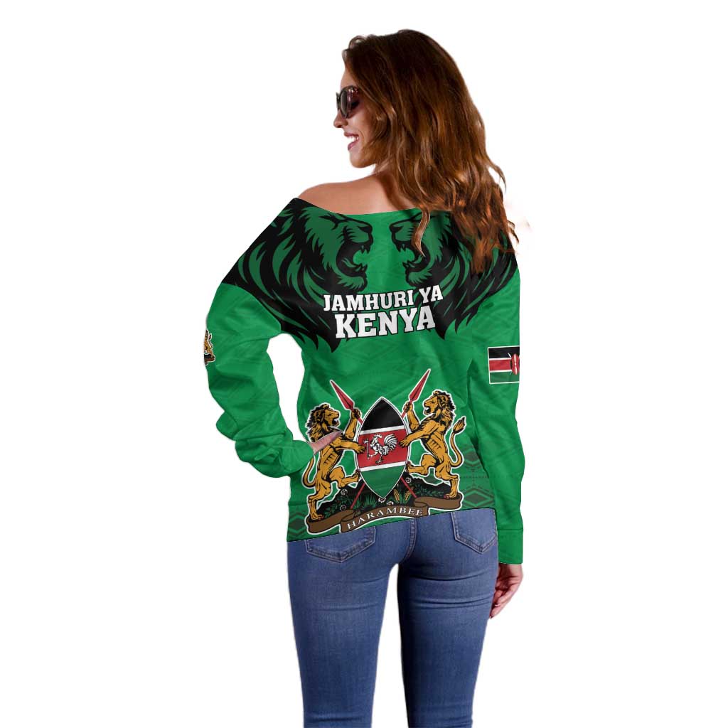 Kenya National Heroes Day Off Shoulder Sweater Mashujaa With Lion Head And Coat Of Arms - Wonder Print Shop