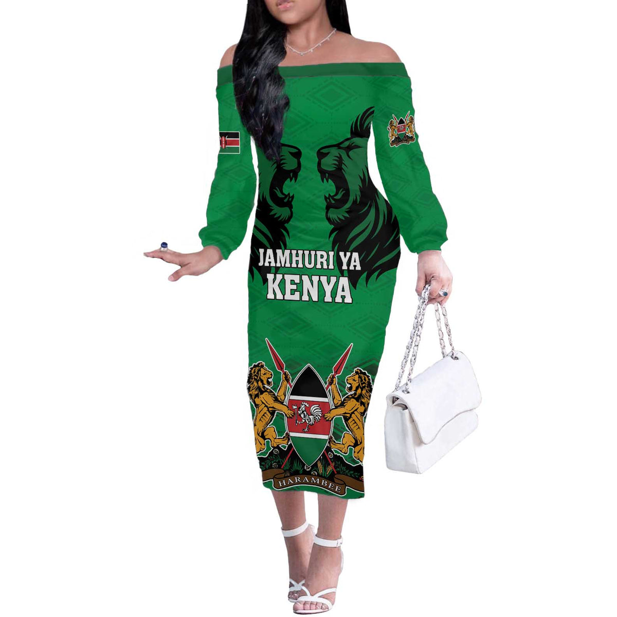 Kenya National Heroes Day Off The Shoulder Long Sleeve Dress Mashujaa With Lion Head And Coat Of Arms - Wonder Print Shop
