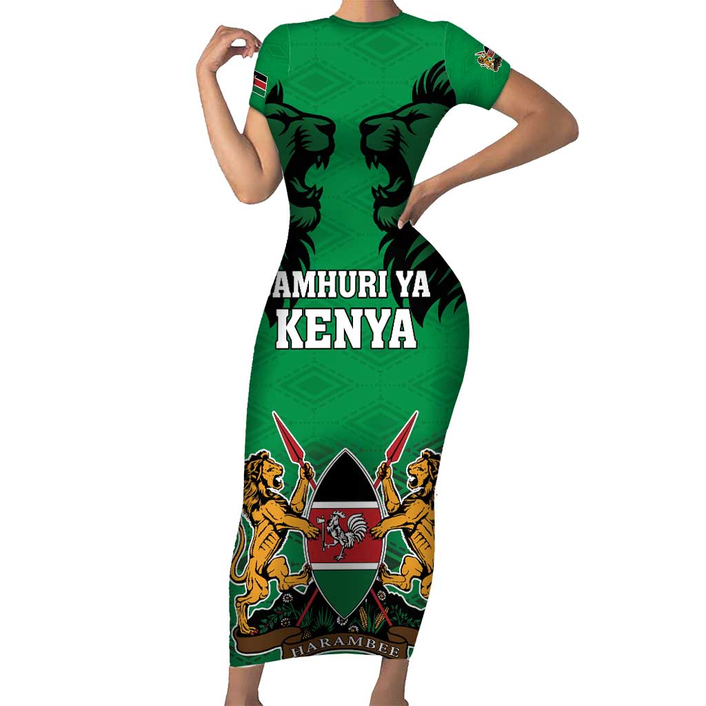 Kenya National Heroes Day Short Sleeve Bodycon Dress Mashujaa With Lion Head And Coat Of Arms - Wonder Print Shop
