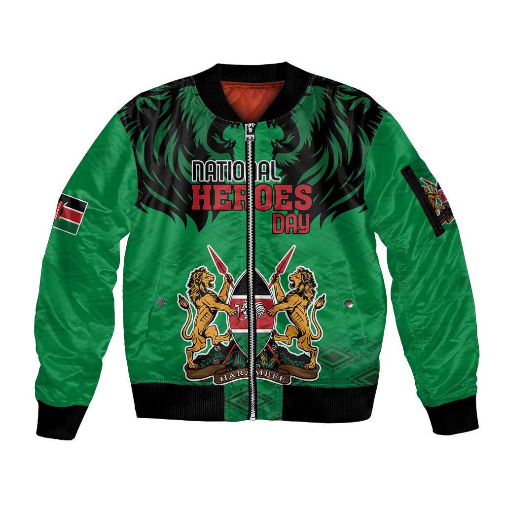 Kenya National Heroes Day Sleeve Zip Bomber Jacket Mashujaa With Lion Head And Coat Of Arms - Wonder Print Shop