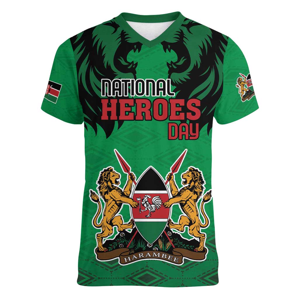 Kenya National Heroes Day Women V-Neck T-Shirt Mashujaa With Lion Head And Coat Of Arms - Wonder Print Shop