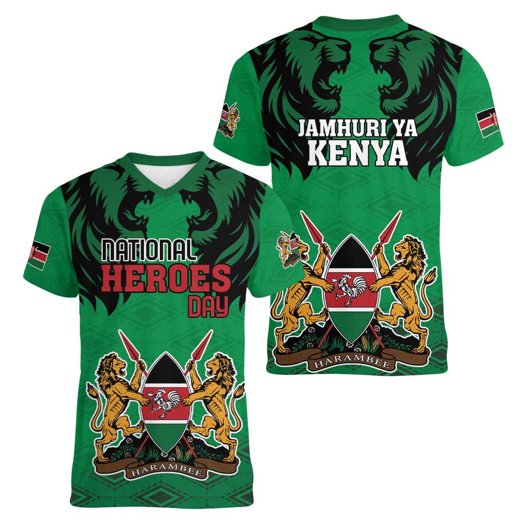 Kenya National Heroes Day Women V-Neck T-Shirt Mashujaa With Lion Head And Coat Of Arms - Wonder Print Shop