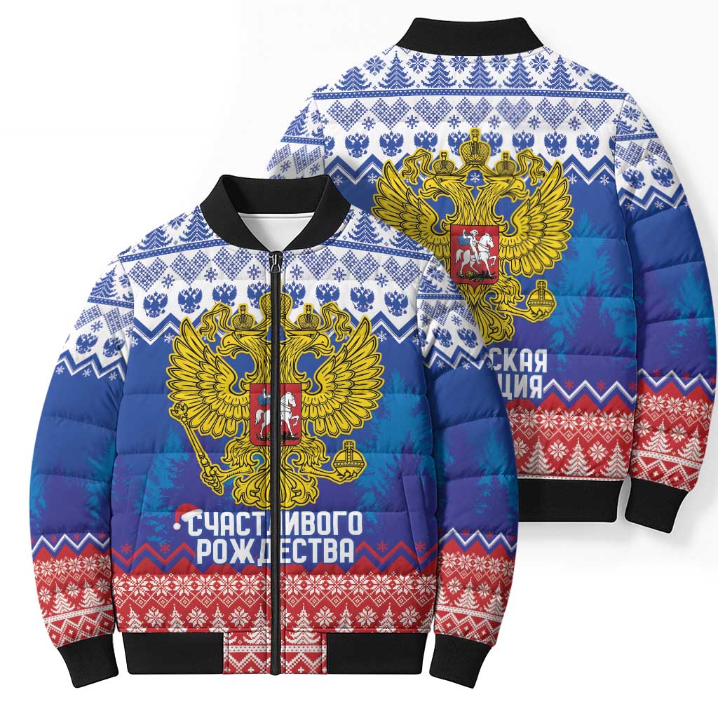 Russia Christmas Bomber Puffer Jacket Double Headed Eagle Christmas Patterns - Wonder Print Shop