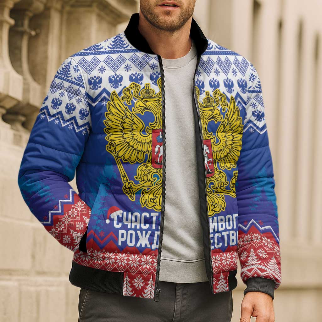 Russia Christmas Bomber Puffer Jacket Double Headed Eagle Christmas Patterns - Wonder Print Shop