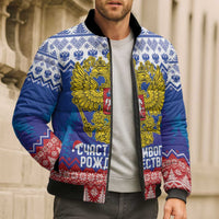 Russia Christmas Bomber Puffer Jacket Double Headed Eagle Christmas Patterns - Wonder Print Shop