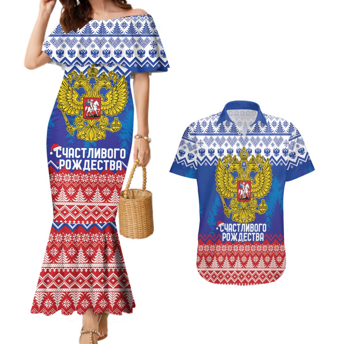 Russia Christmas Couples Matching Mermaid Dress and Hawaiian Shirt Double Headed Eagle Christmas Patterns - Wonder Print Shop