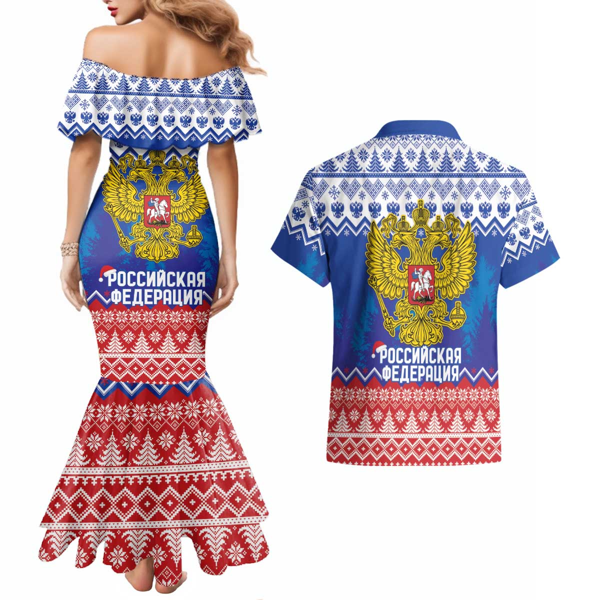 Russia Christmas Couples Matching Mermaid Dress and Hawaiian Shirt Double Headed Eagle Christmas Patterns - Wonder Print Shop