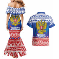 Russia Christmas Couples Matching Mermaid Dress and Hawaiian Shirt Double Headed Eagle Christmas Patterns - Wonder Print Shop