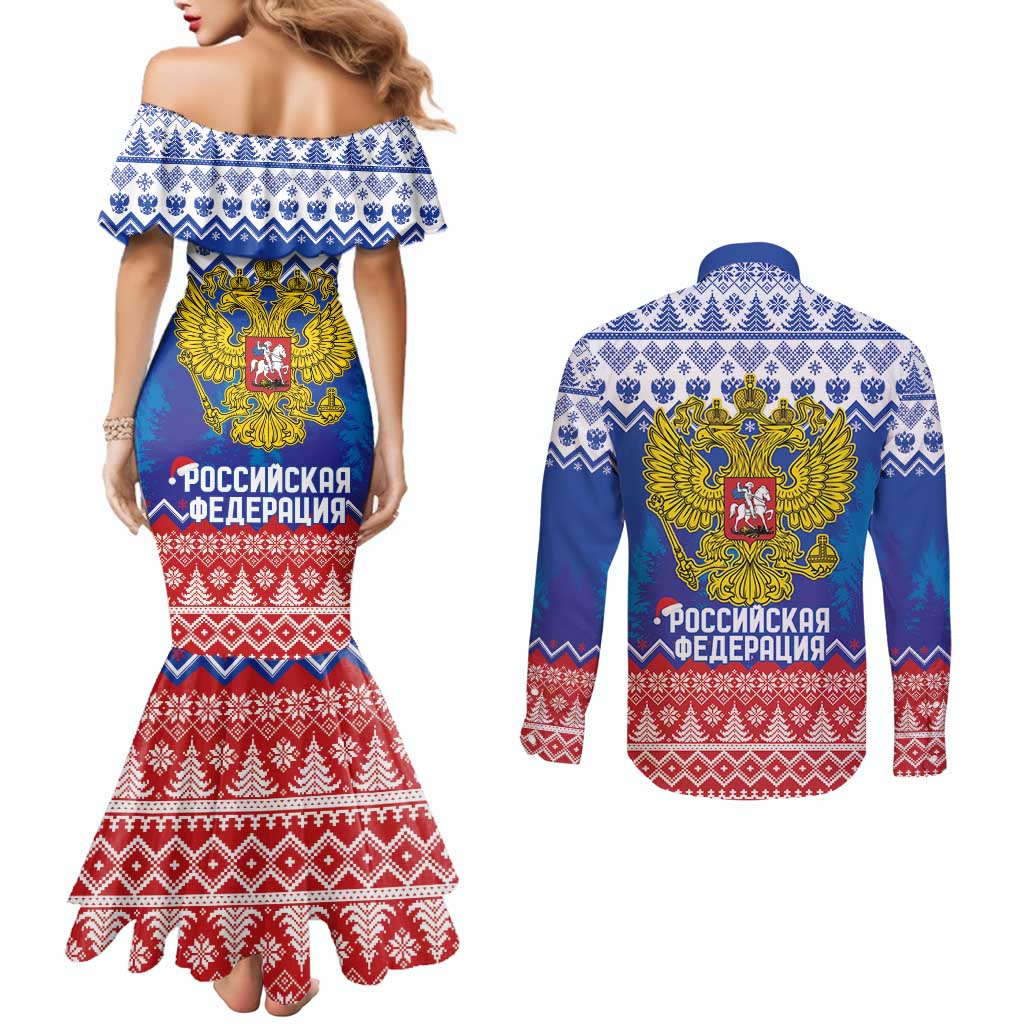 Russia Christmas Couples Matching Mermaid Dress and Long Sleeve Button Shirt Double Headed Eagle Christmas Patterns - Wonder Print Shop