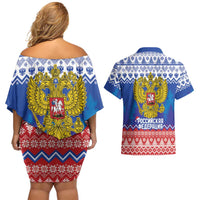 Russia Christmas Couples Matching Off Shoulder Short Dress and Hawaiian Shirt Double Headed Eagle Christmas Patterns - Wonder Print Shop