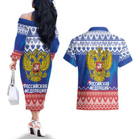 Russia Christmas Couples Matching Off The Shoulder Long Sleeve Dress and Hawaiian Shirt Double Headed Eagle Christmas Patterns - Wonder Print Shop