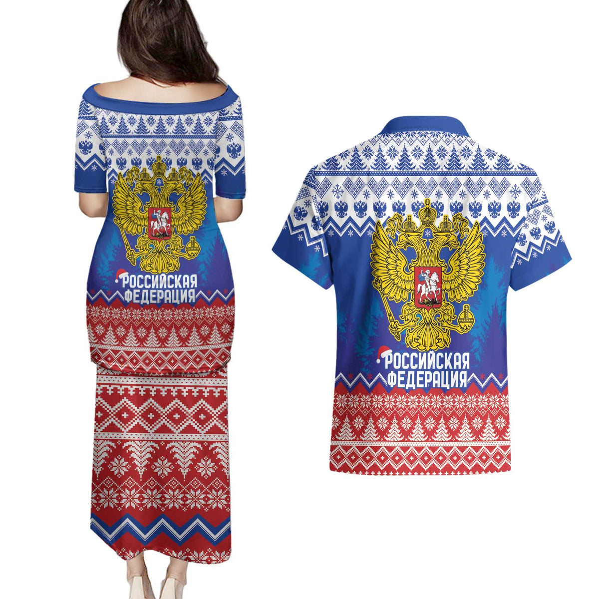 Russia Christmas Couples Matching Puletasi and Hawaiian Shirt Double Headed Eagle Christmas Patterns - Wonder Print Shop