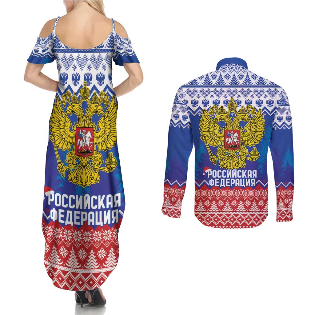 Russia Christmas Couples Matching Summer Maxi Dress and Long Sleeve Button Shirt Double Headed Eagle Christmas Patterns - Wonder Print Shop