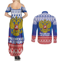 Russia Christmas Couples Matching Summer Maxi Dress and Long Sleeve Button Shirt Double Headed Eagle Christmas Patterns - Wonder Print Shop