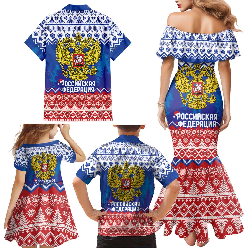 Russia Christmas Family Matching Mermaid Dress and Hawaiian Shirt Double Headed Eagle Christmas Patterns - Wonder Print Shop