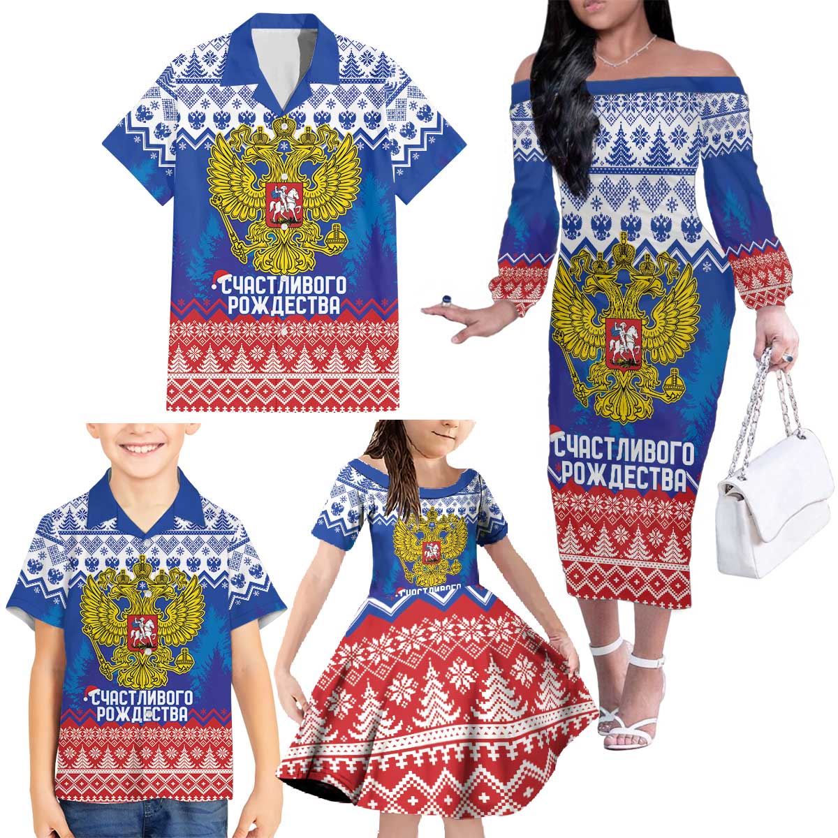 Russia Christmas Family Matching Off The Shoulder Long Sleeve Dress and Hawaiian Shirt Double Headed Eagle Christmas Patterns - Wonder Print Shop