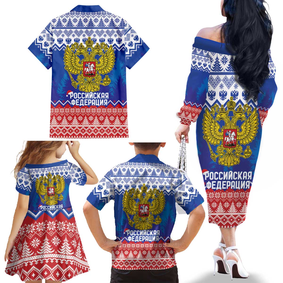 Russia Christmas Family Matching Off The Shoulder Long Sleeve Dress and Hawaiian Shirt Double Headed Eagle Christmas Patterns - Wonder Print Shop