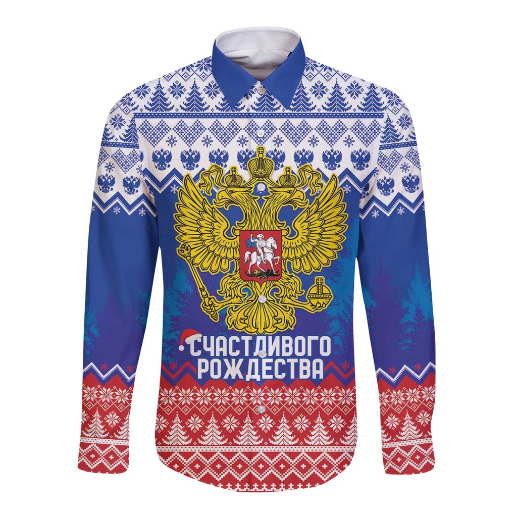 Russia Christmas Long Sleeve Button Shirt Double Headed Eagle Christmas Patterns - Wonder Print Shop