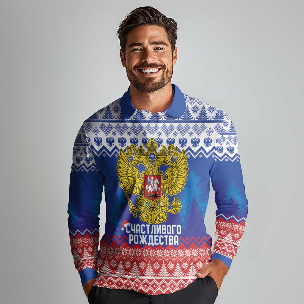 Russia Christmas Long Sleeve Polo Shirt Double Headed Eagle Christmas Patterns - Wonder Print Shop