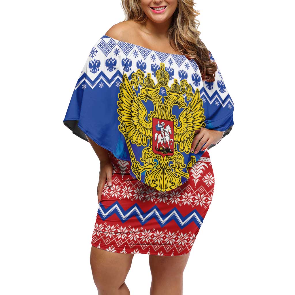 Russia Christmas Off Shoulder Short Dress Double Headed Eagle Christmas Patterns - Wonder Print Shop
