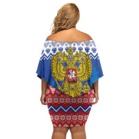 Russia Christmas Off Shoulder Short Dress Double Headed Eagle Christmas Patterns - Wonder Print Shop
