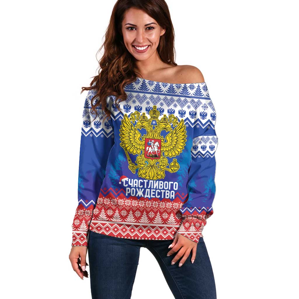Russia Christmas Off Shoulder Sweater Double Headed Eagle Christmas Patterns - Wonder Print Shop