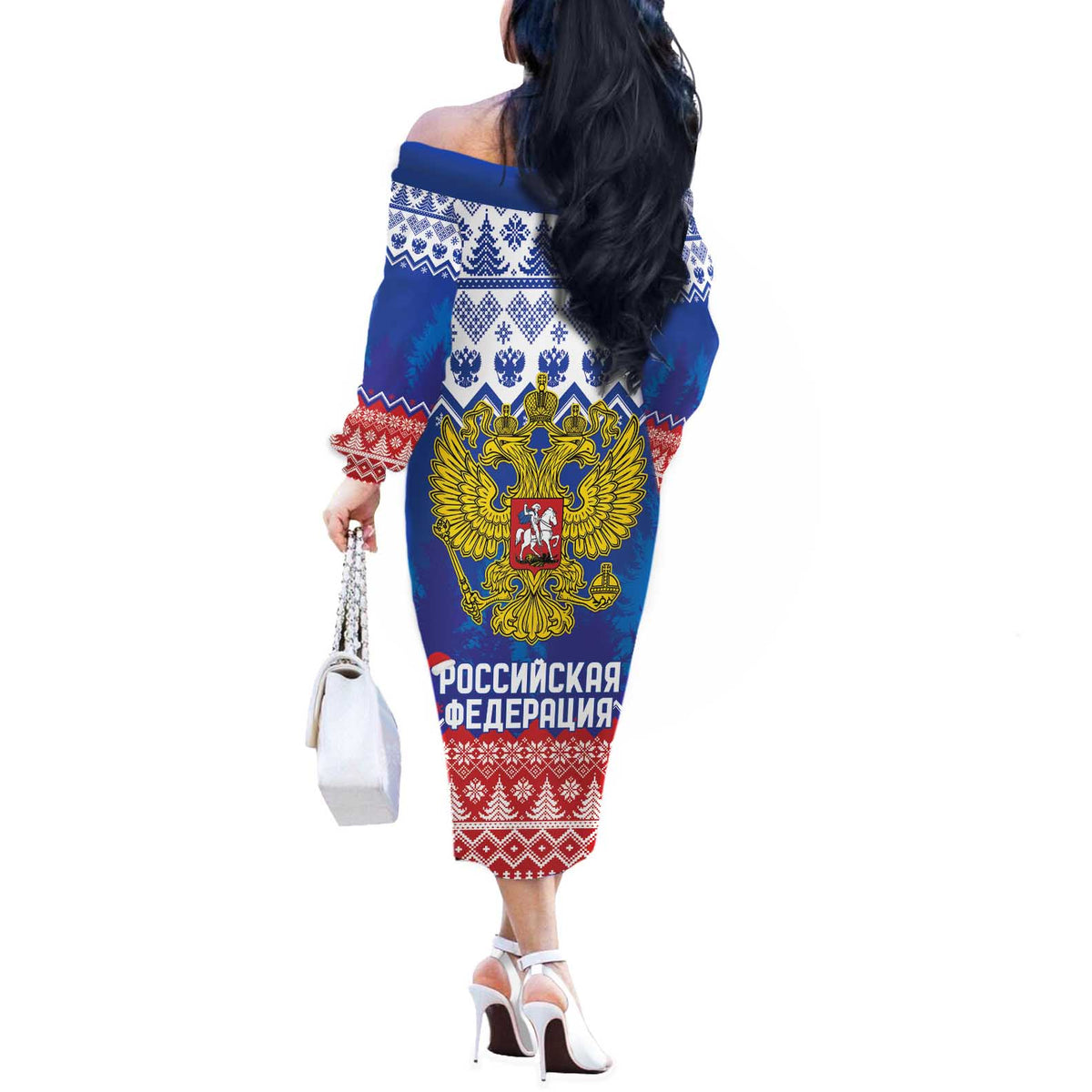 Russia Christmas Off The Shoulder Long Sleeve Dress Double Headed Eagle Christmas Patterns - Wonder Print Shop