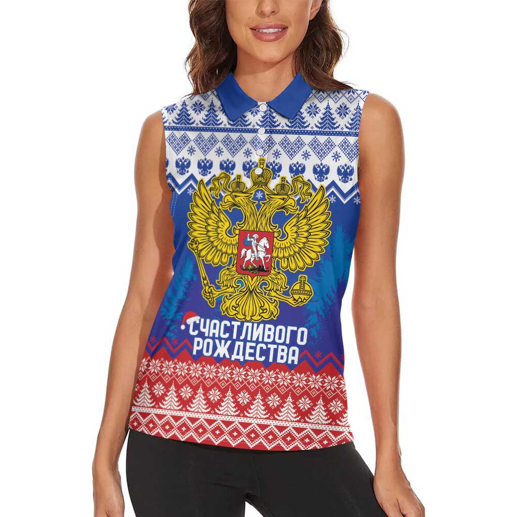 Russia Christmas Women Sleeveless Polo Shirt Double Headed Eagle Christmas Patterns - Wonder Print Shop