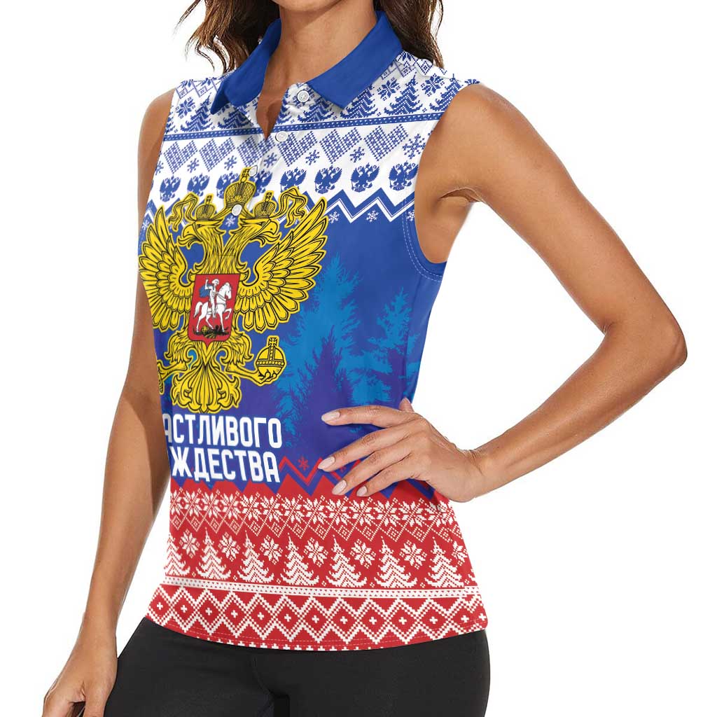 Russia Christmas Women Sleeveless Polo Shirt Double Headed Eagle Christmas Patterns - Wonder Print Shop