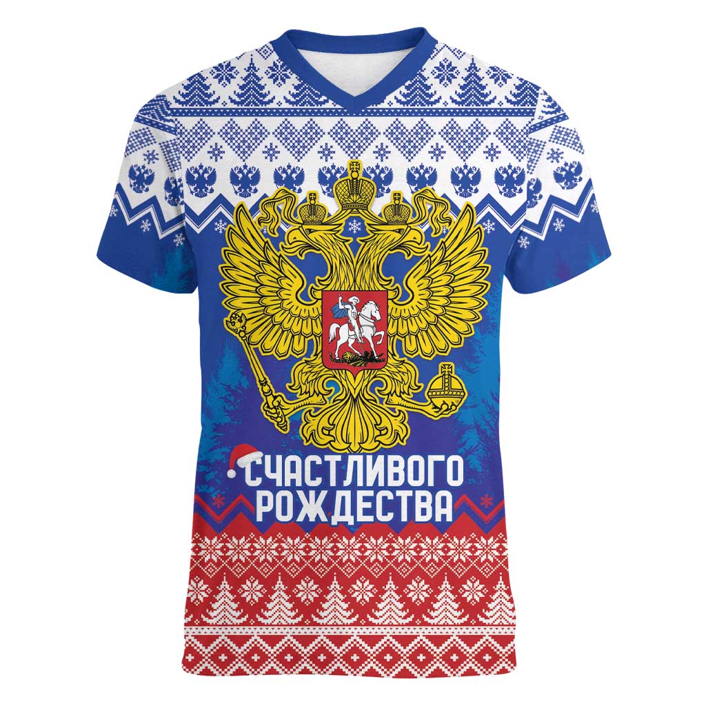 Russia Christmas Women V-Neck T-Shirt Double Headed Eagle Christmas Patterns - Wonder Print Shop