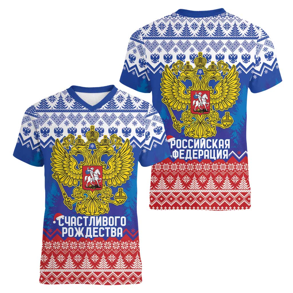 Russia Christmas Women V-Neck T-Shirt Double Headed Eagle Christmas Patterns - Wonder Print Shop