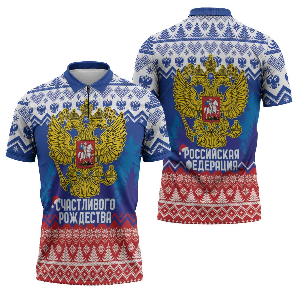 Russia Christmas Zipper Polo Shirt Double Headed Eagle Christmas Patterns - Wonder Print Shop