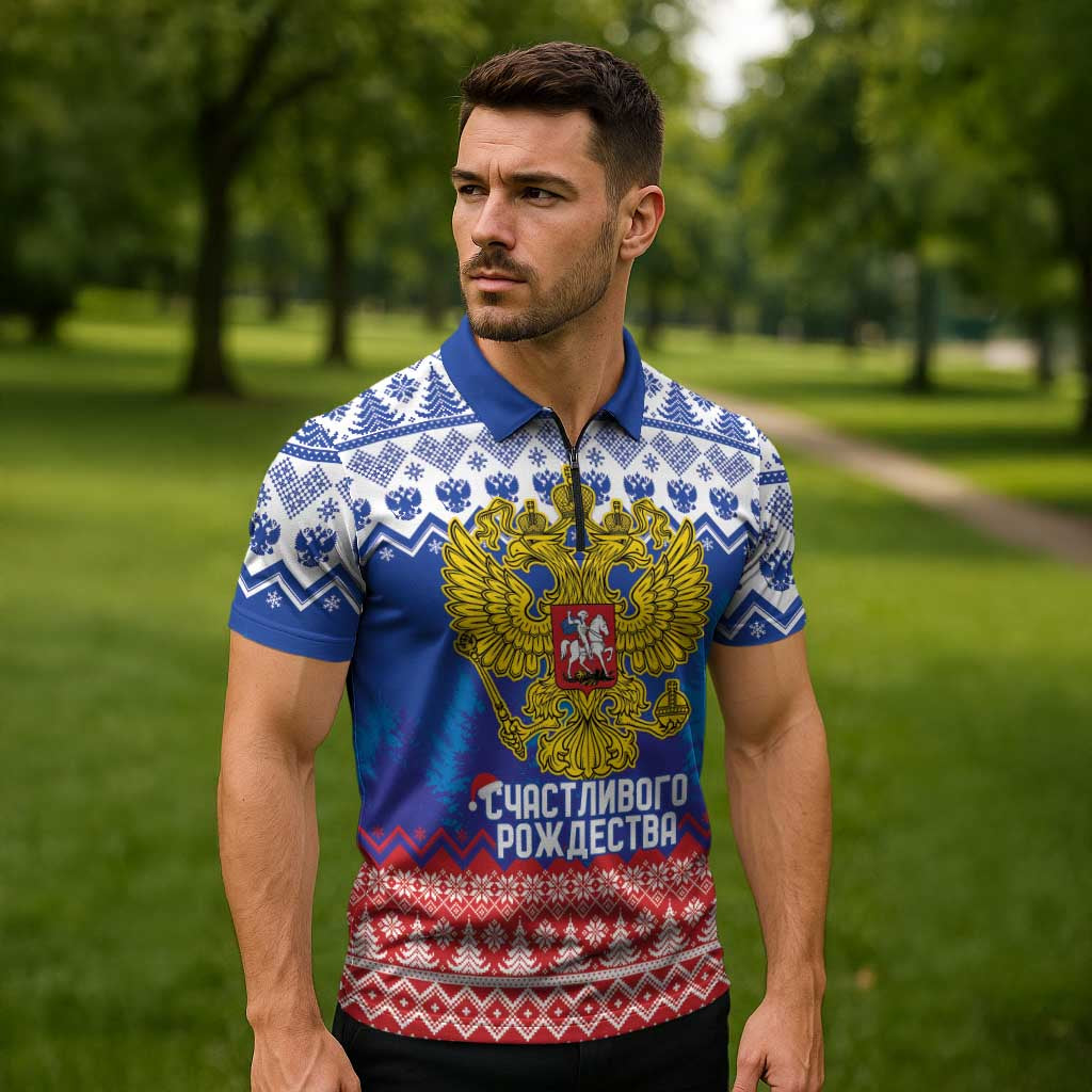 Russia Christmas Zipper Polo Shirt Double Headed Eagle Christmas Patterns - Wonder Print Shop