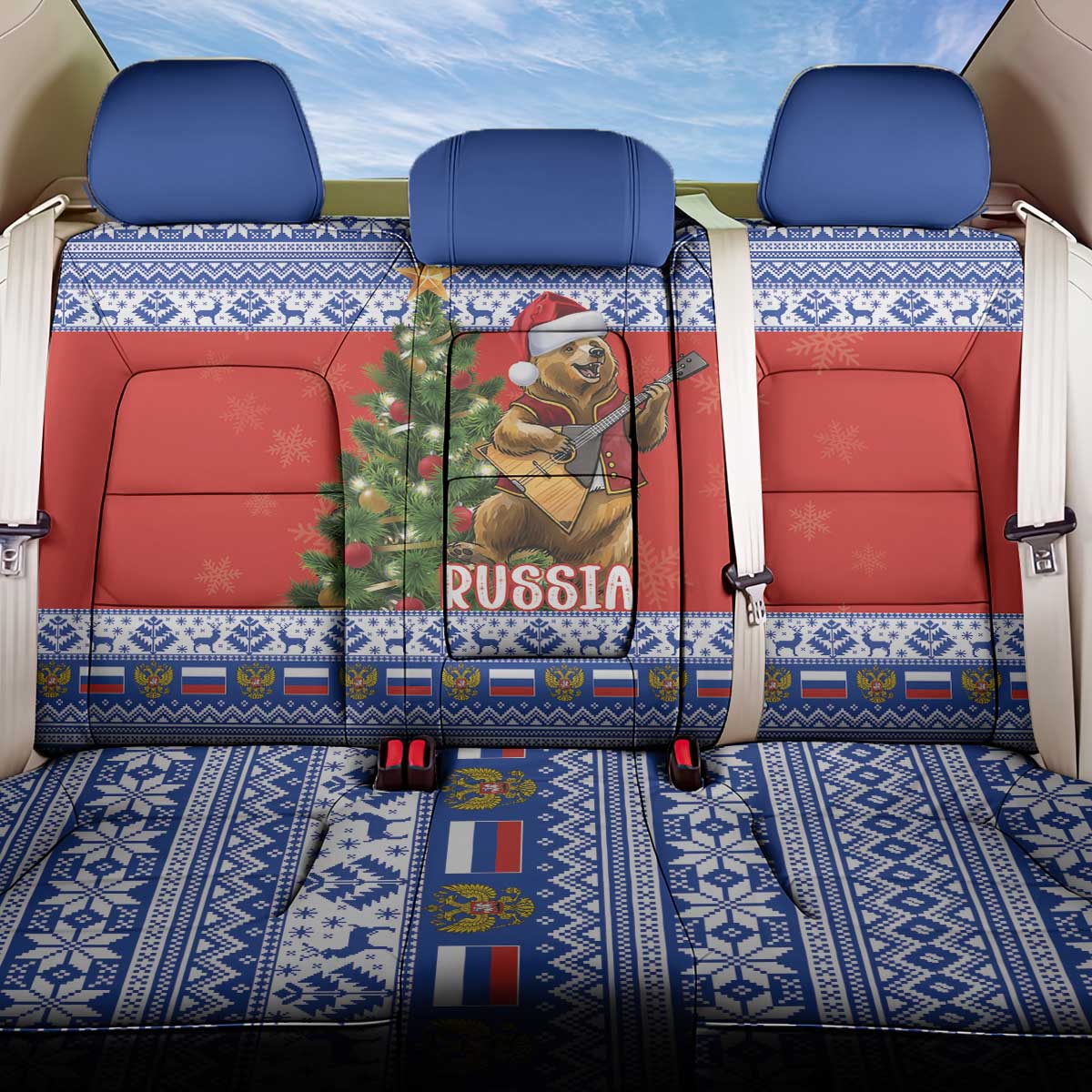 Russia Christmas Back Car Seat Cover Brown Bear Playing Balalaika - Wonder Print Shop