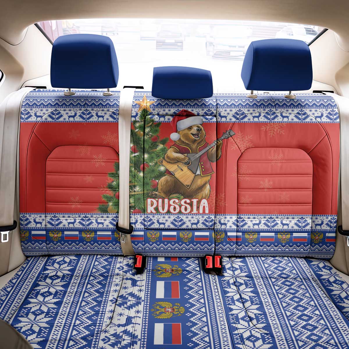 Russia Christmas Back Car Seat Cover Brown Bear Playing Balalaika - Wonder Print Shop