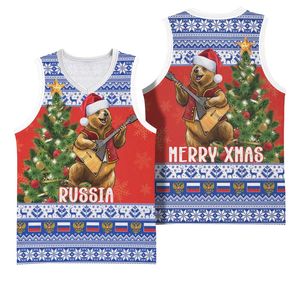 Russia Christmas Basketball Jersey Brown Bear Playing Balalaika - Wonder Print Shop