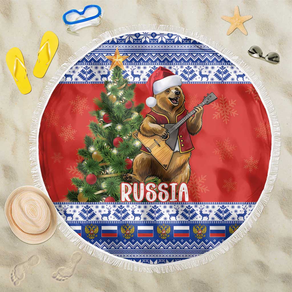 Russia Christmas Beach Blanket Brown Bear Playing Balalaika - Wonder Print Shop