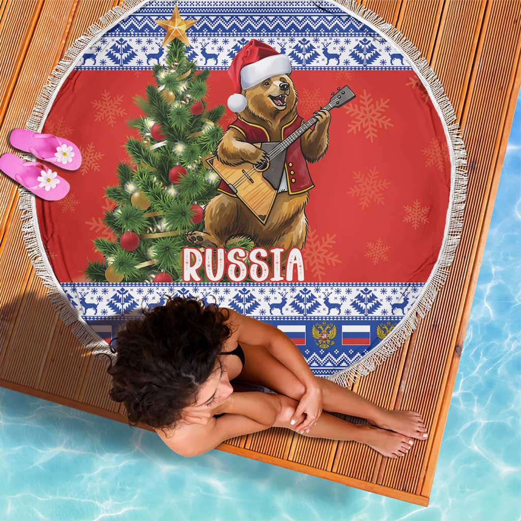 Russia Christmas Beach Blanket Brown Bear Playing Balalaika - Wonder Print Shop